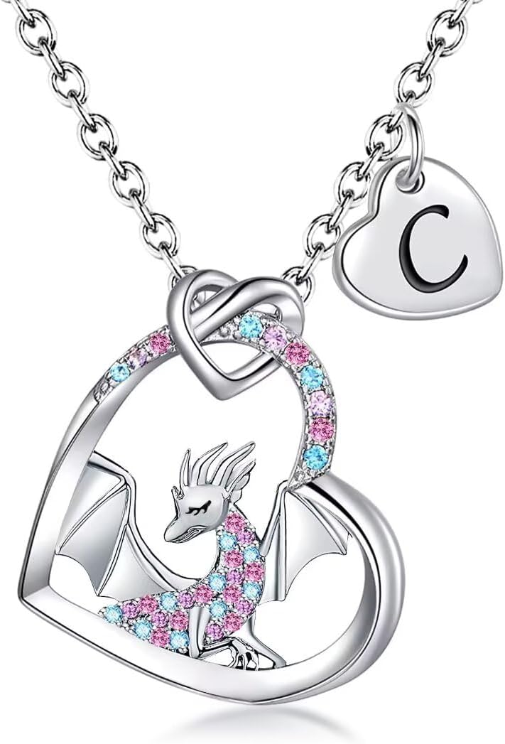BAOWING Store Dragon Necklace Gifts for Kids Girls Rainbow Dinosaur Animal Pendant Colorful CZ Heart Letter Initial Jewelry Gifts for Daughter Granddaughter Niece Little Teen Girl - Image 1